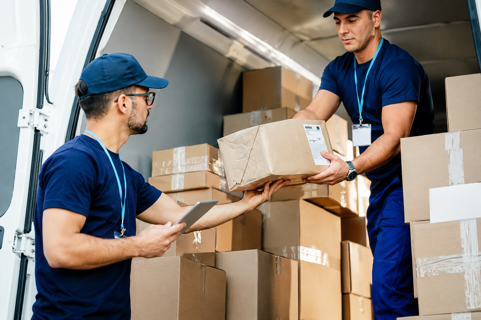 Delivery team unloading packages