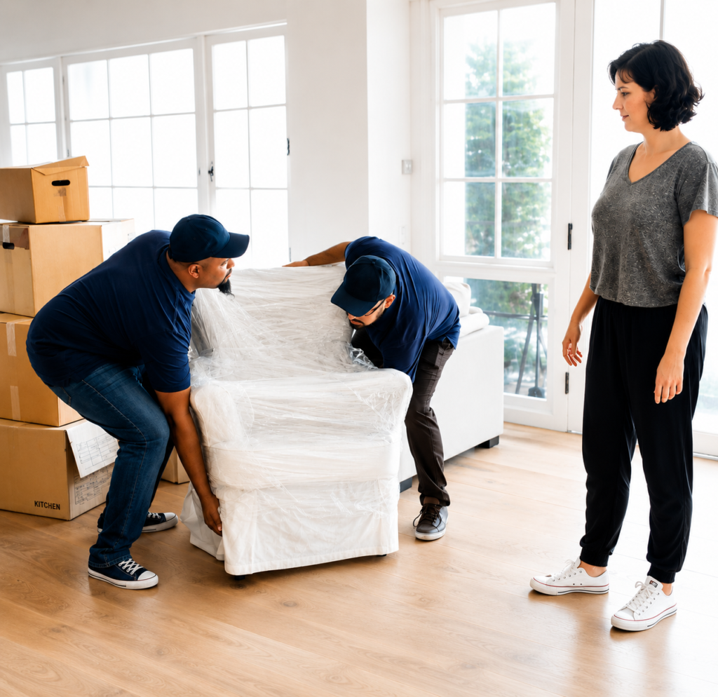 Moving company team handling furniture safely