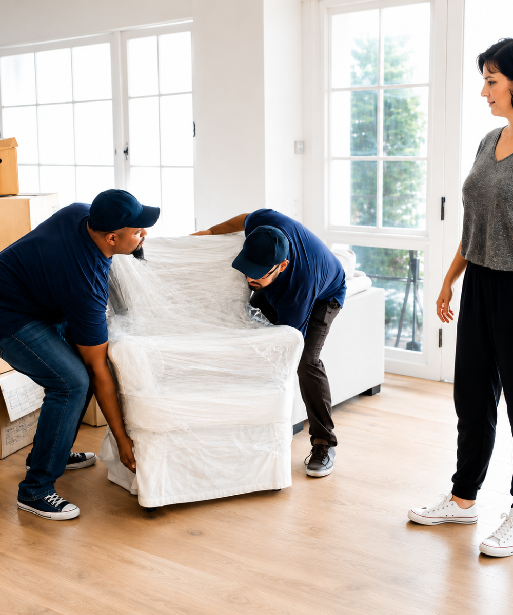Moving company team handling furniture safely