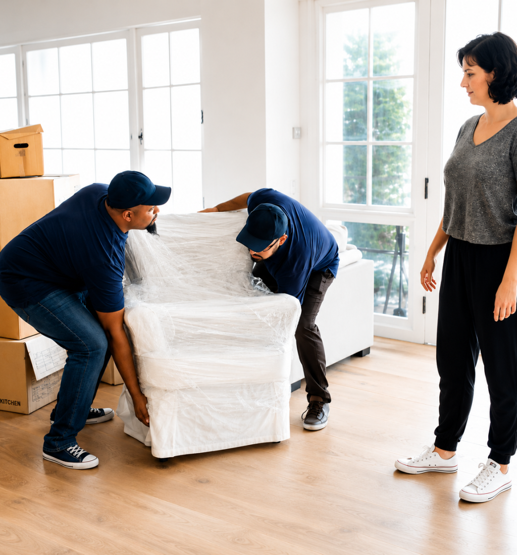Moving company team handling furniture safely